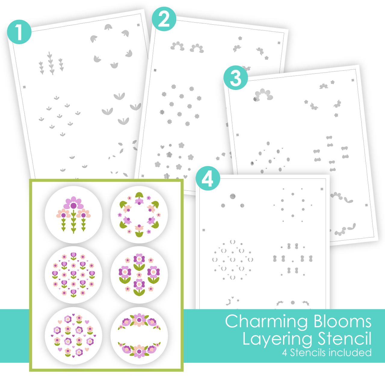 Graphic of Charming Blooms Layering Stencil which includes patterns for papercrafting.